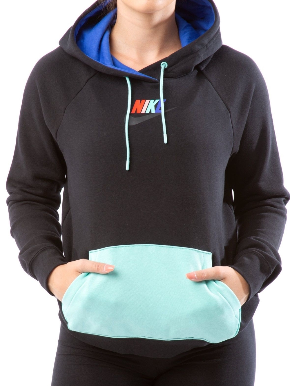 Nike Black Hoodie with Aqua Pocket and Blue Lining